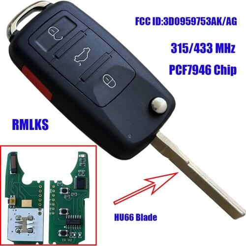 New 4 Button Flip keyless entry Remote Key fob for Volkswagen with ID46 CHIP 433MHz 315Mhz for Choice