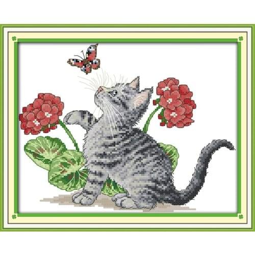 Baby cat play with butterfly cross stitch kit 18ct 14ct count canvas stitches embroidery DIY handmade needlework plus