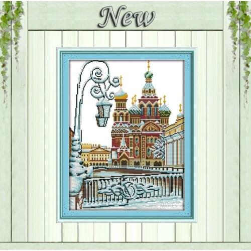 Beautiful Fountain,Counted Print on canvas DMC 11CT 14CT Cross Stitch kit,needlework Set embroider,Europe snow Scenic Home Decor