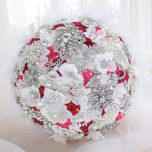 Red jewelry brooch bouquet,feather style wedding bride holding flowers , sparkling crystal red and white rose bouquet