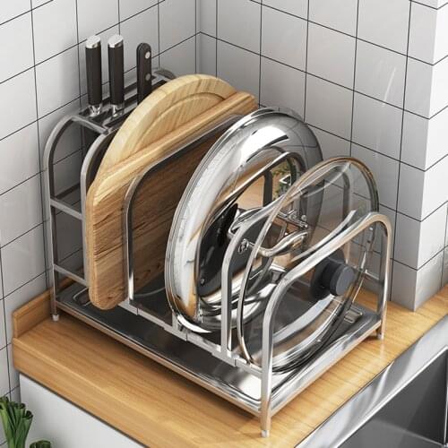 Creative 304 Stainless Steel Pot Cover Rack Sitting Free Punching Kitchen Rack Cutting Board Plate Rack Household Storage Rack