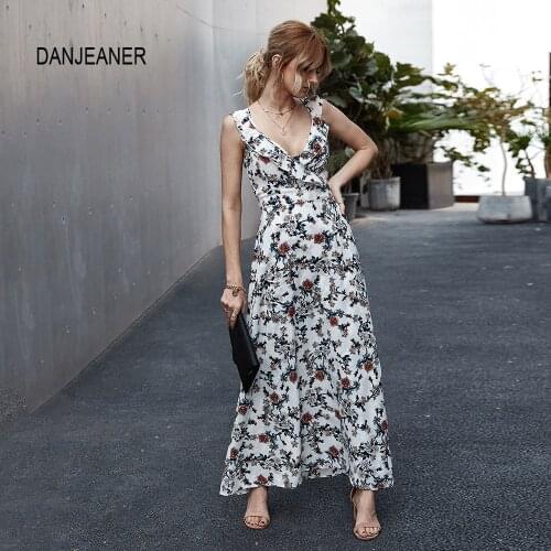 DANJEANER Summer Retro Floral Backless Long Dress Women Sleeveless V Neck Sexy Party Dresses High Waist Split White Maxi Dress