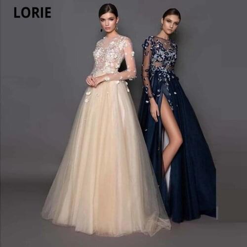 LORIE Scoop Long Sleeves A-Line Evening Party Gowns Vestidos De Festa Junior Appliques Floor-Length Formal Princess Prom Gowns