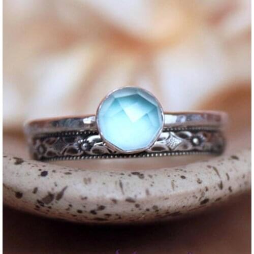 Antique SilveryCrown Solitaire & Geometric Vintage Wedding Engagement Ring Set