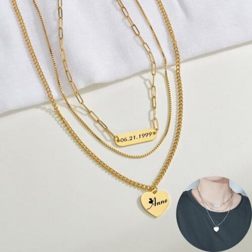 Engraving Heart Square Pendant Necklace Three-Layers Stainless Steel Necklaces For Women Custom Name Letters Gold Jewelry Gifts