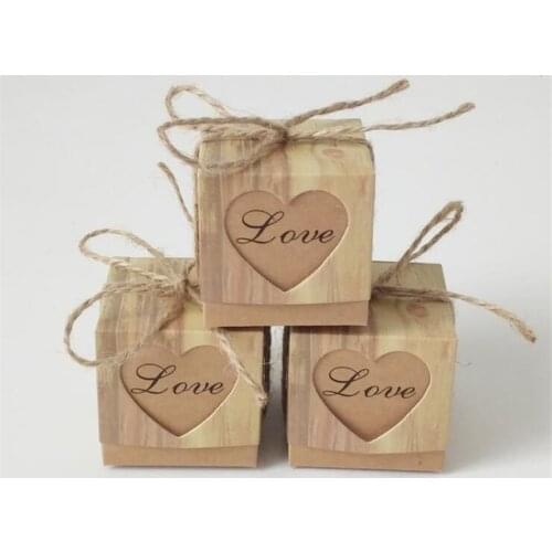 Romantic Vintage Heart Paper Cookies Candy Box With Burlap Twine Wedding Favor Gift Bag Party wedding Packing Supplies