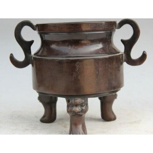 S2136 9" Chinese palace Purple Bronze 3 Foot Lion Head handle Incense Burner Censer
