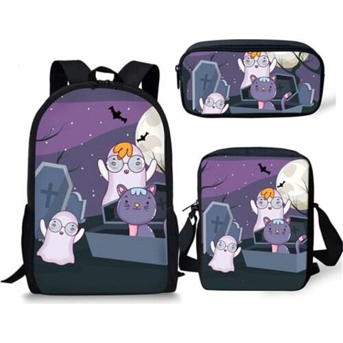 ELVISWORDS Ghost Cat Print School Bags 3Pcs/Set Cute Cat Kids Bag Bookbag For Girls Boys Travel School Backpack Mochila Escolar