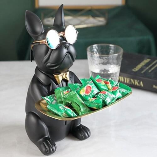 Bulldog Sculpture Storage Statue Fruit Snacks Candy Tray Entrance Desk Key Plate Coin Bank Sculpture Tray Home Decor QBMY