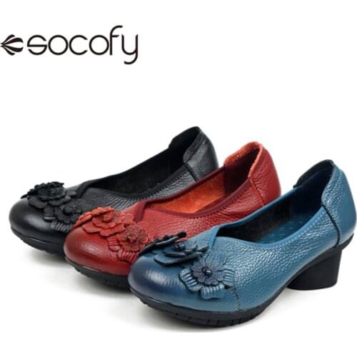 SOCOFY Leather Mid Heel Vintage Handmade Flower Original Soft Shoes Womens Casual Retro Shoes Chunky Heel Slip-On Flats