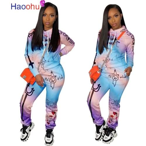 HAOOHU Plus Size Clothing 2 Piece Tracksuit Set Long Sleeve Hoodies Stacked Sweatpants Sweat Suits Women Matching Sets