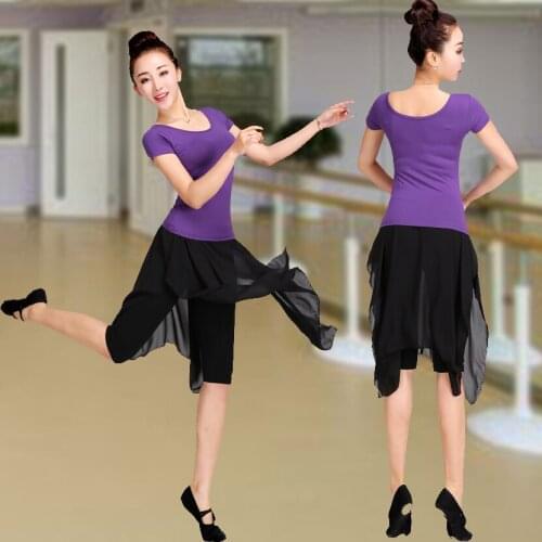 Modern Latin dance square dance clothing new Lycra cotton round neck dance clothing chiffon mesh skirt set