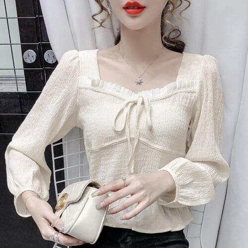 2021 New Vintage Long Sleeve U Neck Ruffled Chiffon Blouse Shirt for Women Spring Autumn
