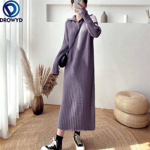 2021 High-quality Winter Korean Version with Coat Knitted Dress Loose Straight Zipper Sweater Dress Women Stretch Pullover Dress