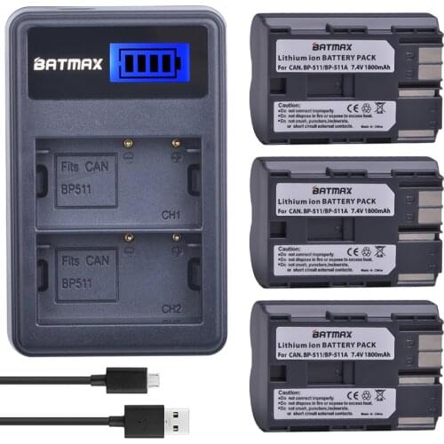 3Pc BP 511 511A BP511 BP-511 Battery + LCD Dual USB Charger for Canon 300D 10D 20D 30D 40D 50D PowerShot G1 G2 G3 G5 G6 90 90IS