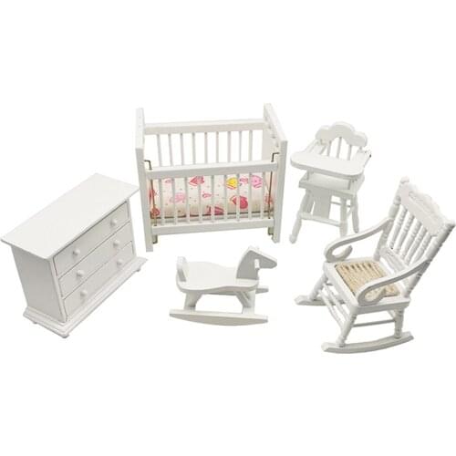 5pcs Modern 1/12 Miniature Rocking Horse +Cabinet +Crib Furniture For Dollhouse
