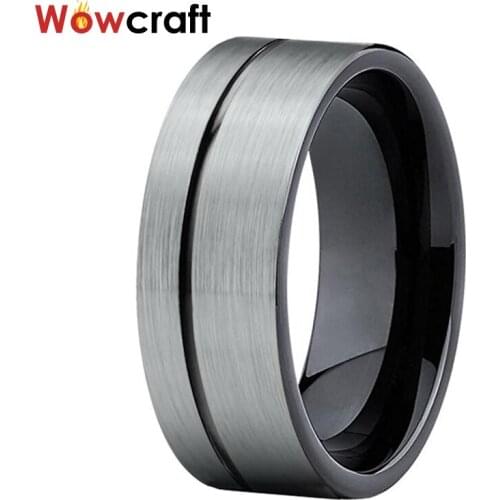 6mm 8mm Black Tungsten Carbide Rings Flat Shape Grooved Design Brushed Finish Wedding Bands for Men Comfort Fit