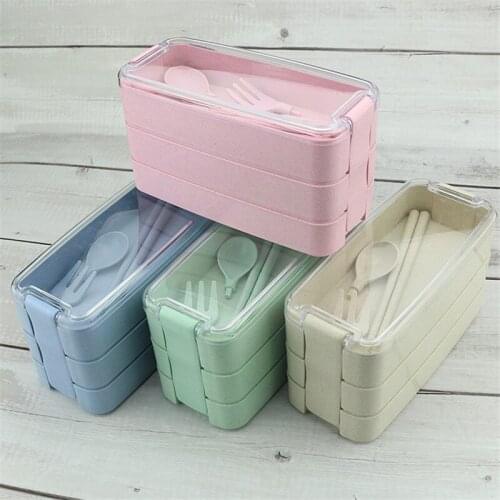 900ml 3 Layer Plastic Lunch Box Wheat Straw Food Container Microwavable Dinnerware Lunchbox With Spoon And Chopsticks
