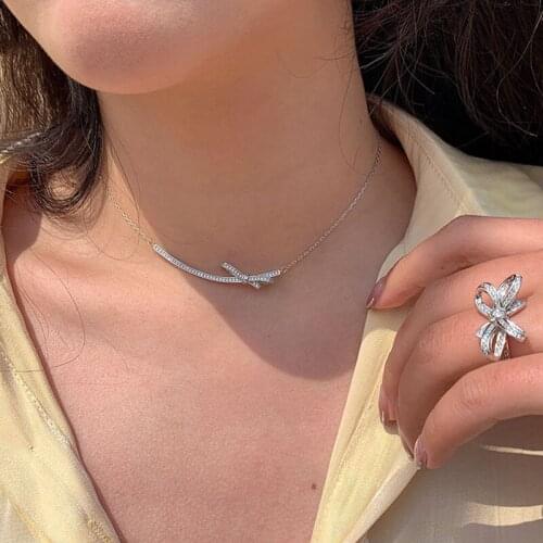 925 Sterling Silver Crystal Bowknot Charm Necklace Pendant Party Jewelry For Women Wedding Accessories Choker dz157