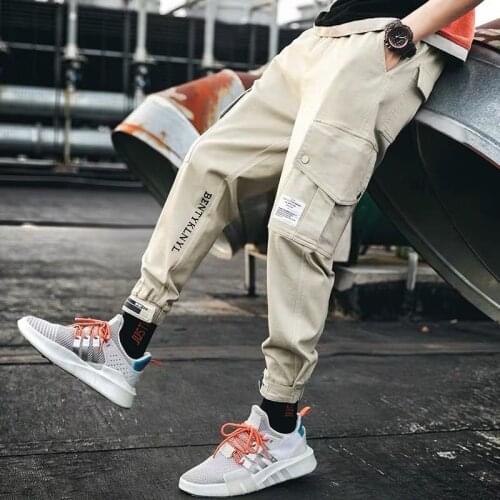 Mens Harajuku Cargo Pants Spring Autumn Ankle Length Korean Streetwear Drawstring Hip Hop Harem Pants Men Casual Sport Trousers