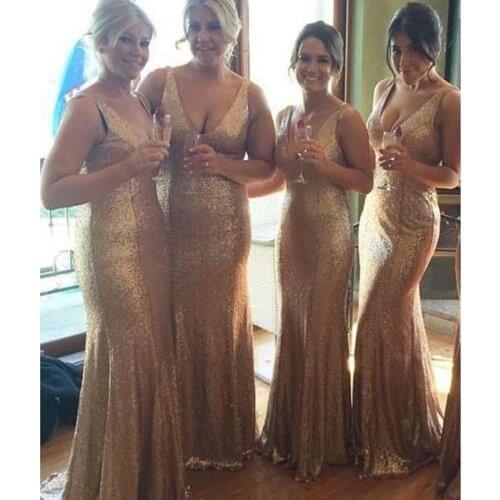 Custom Made V Neck Champagne Gold Silver Sequin Shiny Long Wedding Guest Dress Bridesmaid Dresses Gowns
