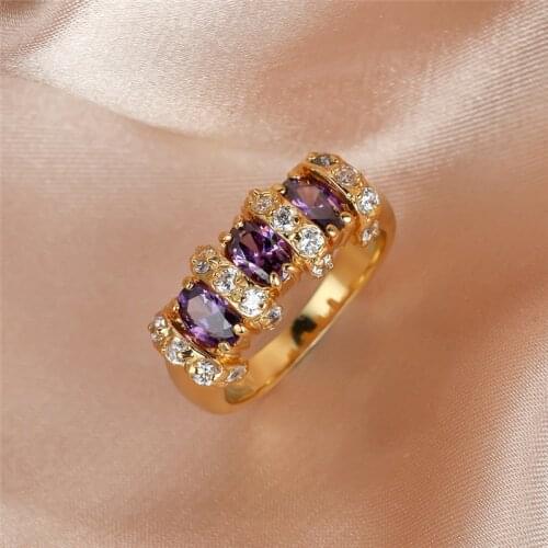 Charm Purple Crystal Zircon Ring Yellow Gold Oval Crystal Stone Rings For Women Wedding Jewelry Female Luxury Birthstone Ring