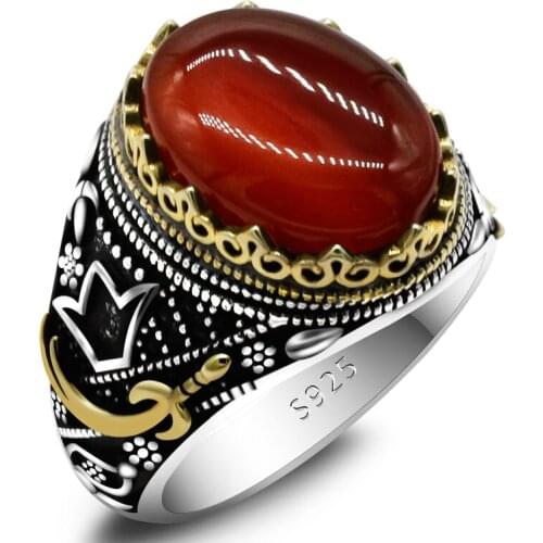 Red Classic Punk Mens Natural Large Agate Ring 925 Sterling Silver Zircon Dagger Turkish Ring Mens Husband Jewelry Gift