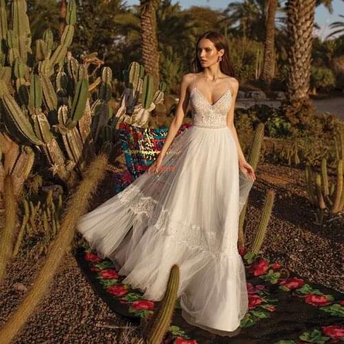 Thinyfull Summer Beach Backless Wedding Dresses Spaghetti Straps V Neck A Line Bride Dresses Tulle Lace Appliques Bridal Gown