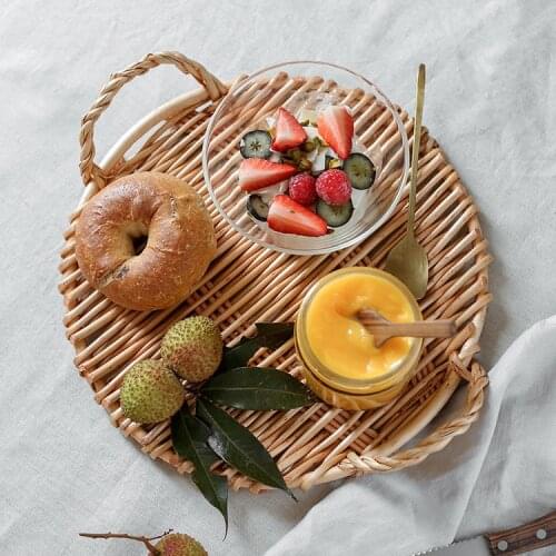 Bread Fruit Rattan Storage Tray Round Storage Baskets with Handle Hand-Woven Rattan Tray Wicker Basket Food Breakfast Display