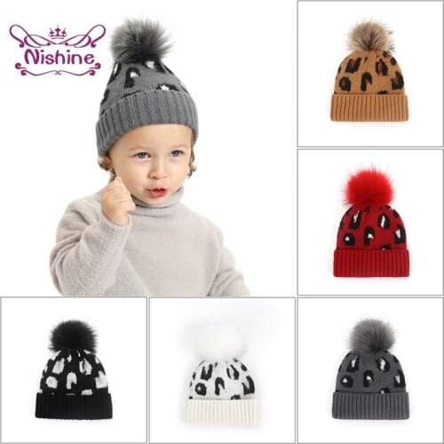 Nishine Fashion Handmade Knitted Mohair Cute Bonnet Newborn Infant Leopard Print Caps Childrens Warm Hat In Autumn and Winter