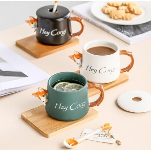 Cartoon Ceramic Mug Cute 3D Shiba Inu Corgi With Lid Spoon Girls Favorite Gift Brew Milk Tea Couple Drinking Water Coffee Cup