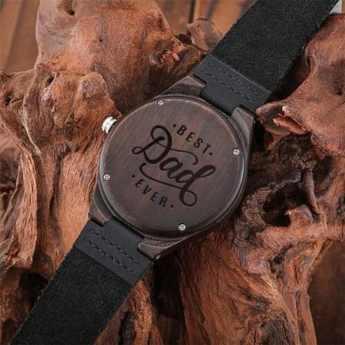 Personalized Engraved Wood Watch Quartz Men Wristwatch Best Dad Ever Display Back Cover Male Wooden Timepiece Family Gifts