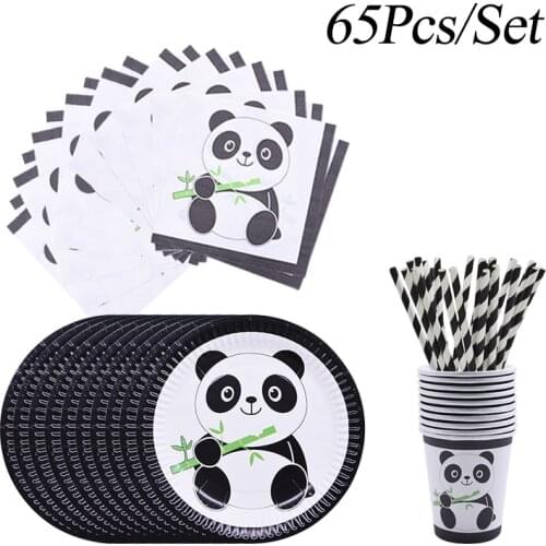 65Pcs/set Cartoon Panda Disposable Tableware Set Plate Cup Napkins Paper Straw Baby Shower Kids Favor Birthday Party Decorations