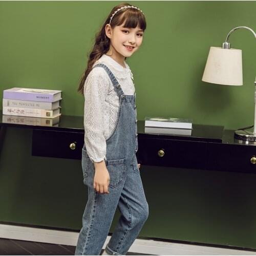 2021 New 2 Piece Overalls Suit Long Sleeve Lace Turn Down Collar Shirt Jeans Set 5 - 14 Years Chidren Outdoor Casual Outfits
