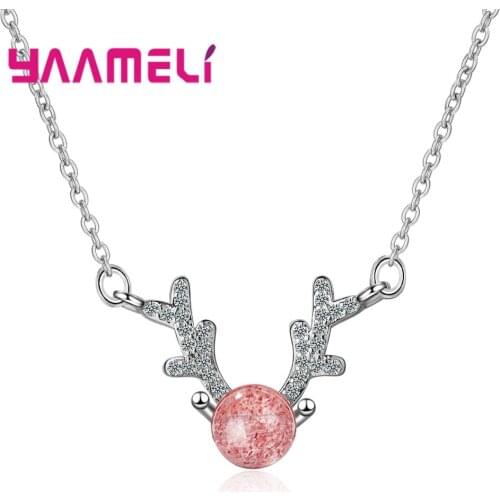 Cute 925 Sterling Silver Deer Charm Necklace Paved CZ Stone Women Antler Horn Animal Chain Necklaces Christmas Jewelry Dropship