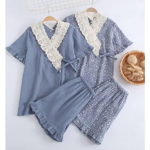 Pajamas for Women Pure Cotton Crepe Thin Short Sleeved Kimono Ladies Sleepwear with Shorts Loose/ Comfy Two Pieces for Summer