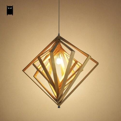 Oak Wood Rhombus Pendant Light Fixture Nordic Country Deco Creative Hanging Lamp Avize Luminaria Design Foyer Restaurant Cafe