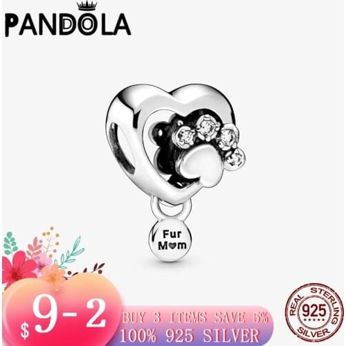 Real 925 Sterling Silver Sparkling Paw Print & Heart Charm Pet Beads Fit Original Pandora Bracelet Bangle For Women Jewelry Gift