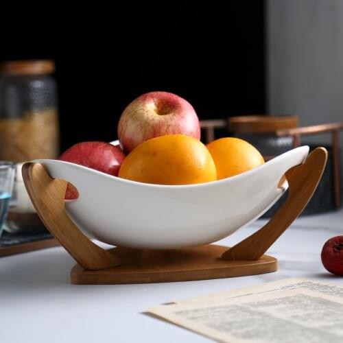 Nordic Art Ceramic Fruit Bowl Salad Bowl with Bamboo Wood Stand Minimalist Living Room Dining Table Snack Dessert Storage Bowl