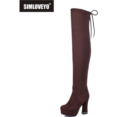 SIMLOVEYO 2021 Sexy Over The Knee Boots Platforms Lace Up Slim Stretch Fabric 11CM Block Heel Size 33-43 Black Red Brown A4475
