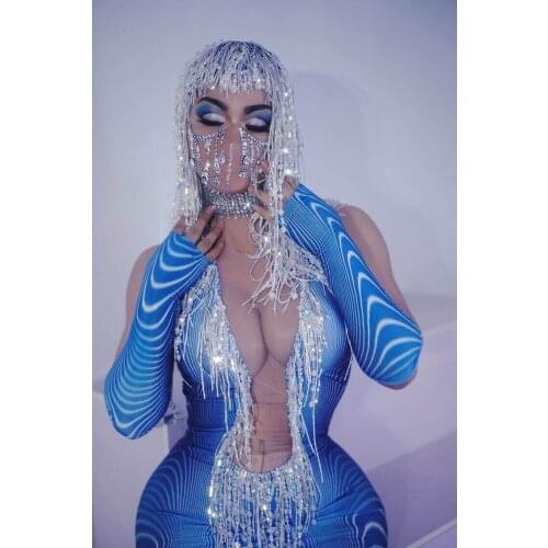 Blue dress nightclub bar party girl stage dance costume women show wig