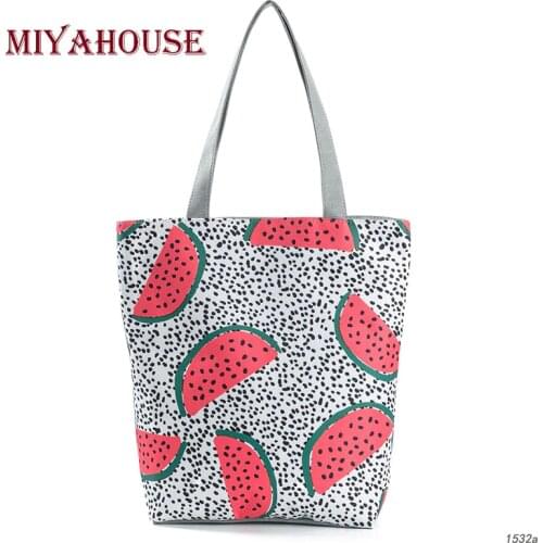 Miyahouse Hot Summer Fruit Watermelon Printing Beach Bags For Female Soft Canvas Tote Bag Trendy Dots Design Shoulder Handbag
