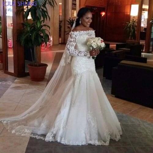 E JUE SHUNG White Lace Appliques Mermaid Wedding Dresses Long Sleeves Bride Dresses Wedding Gowns
