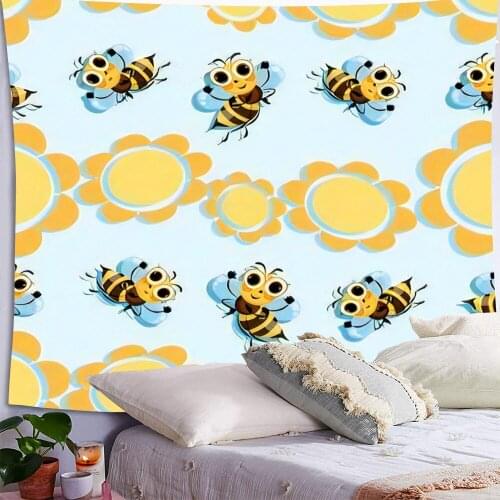Cartoon Bee Tapestry Sunflower Wall Hanging Room Decor for Bedroom Aesthetic Cute Home Decoration Background Cloth Wall Tapestry