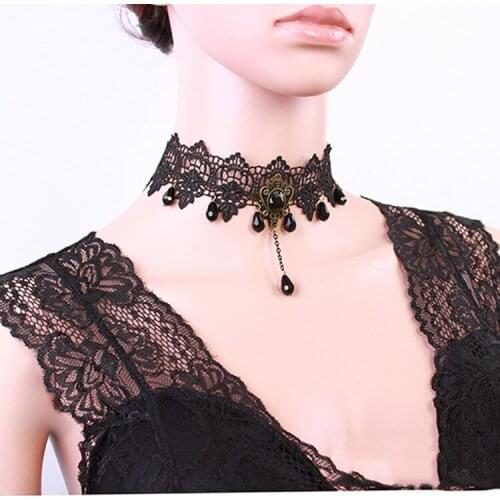 Vintage Steampunk Necklace Black Lace Beads Rhinestone Choker Collar Necklace Gothic Jewelry NK749
