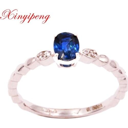 Xin yi peng 18 k white gold inlaid natural oval sapphire ring 4*5 mm women ring simple for birthday, anniversarie gift
