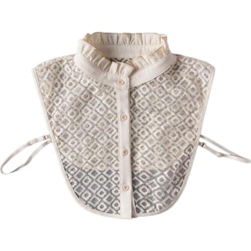 Women Ruffled Lace Apricot False Collar Elegant Plaid Square Floral Pattern Embroidery Half Shirt Detachable Dickey G5AE