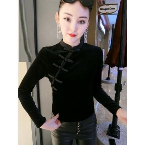 Black Sexy Velvet Asian Clothes Oriental Chinese T Shirt Long Sleeve Gothic Asian Streetwear Chinese Style Clothing Women FF2922