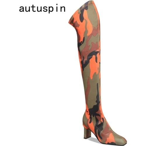 Autuspin Fashion Slim Legged Womens Thigh Boots Stretch Fabric Square Toe Long Boot Shoes Ladies Camouflage Prints High Heels