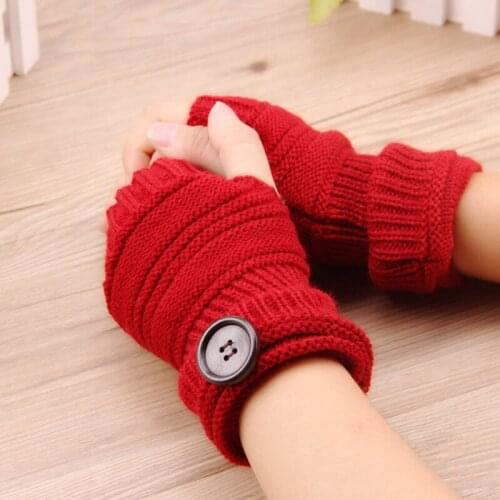 Ladies Wool Knitted Gloves Autumn Winter Warmer Mitten Fingerless Gloves Solid Color Button Decor Female Girl Wrist Gloves